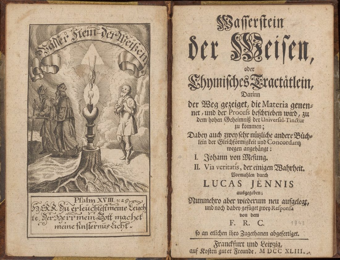 Wasserstein der Weisen, 1743: an engraved frontispiece and its title page