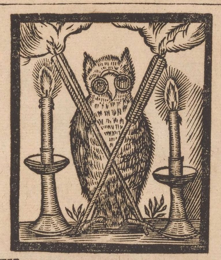An alchemical emblem of an owl wearing spectacles