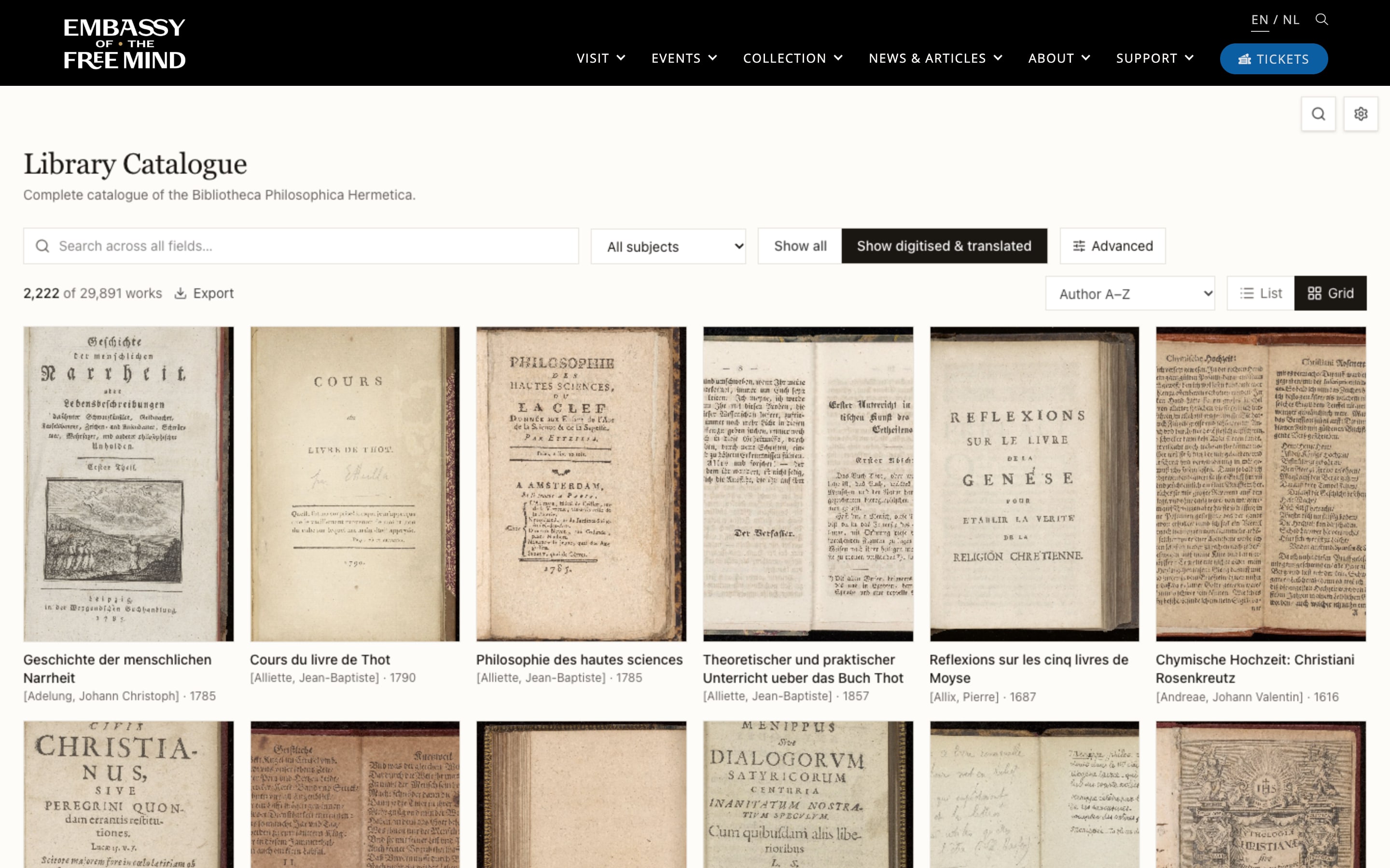 The digitised works in the Embassy of the Free Mind catalogue, shown as covers