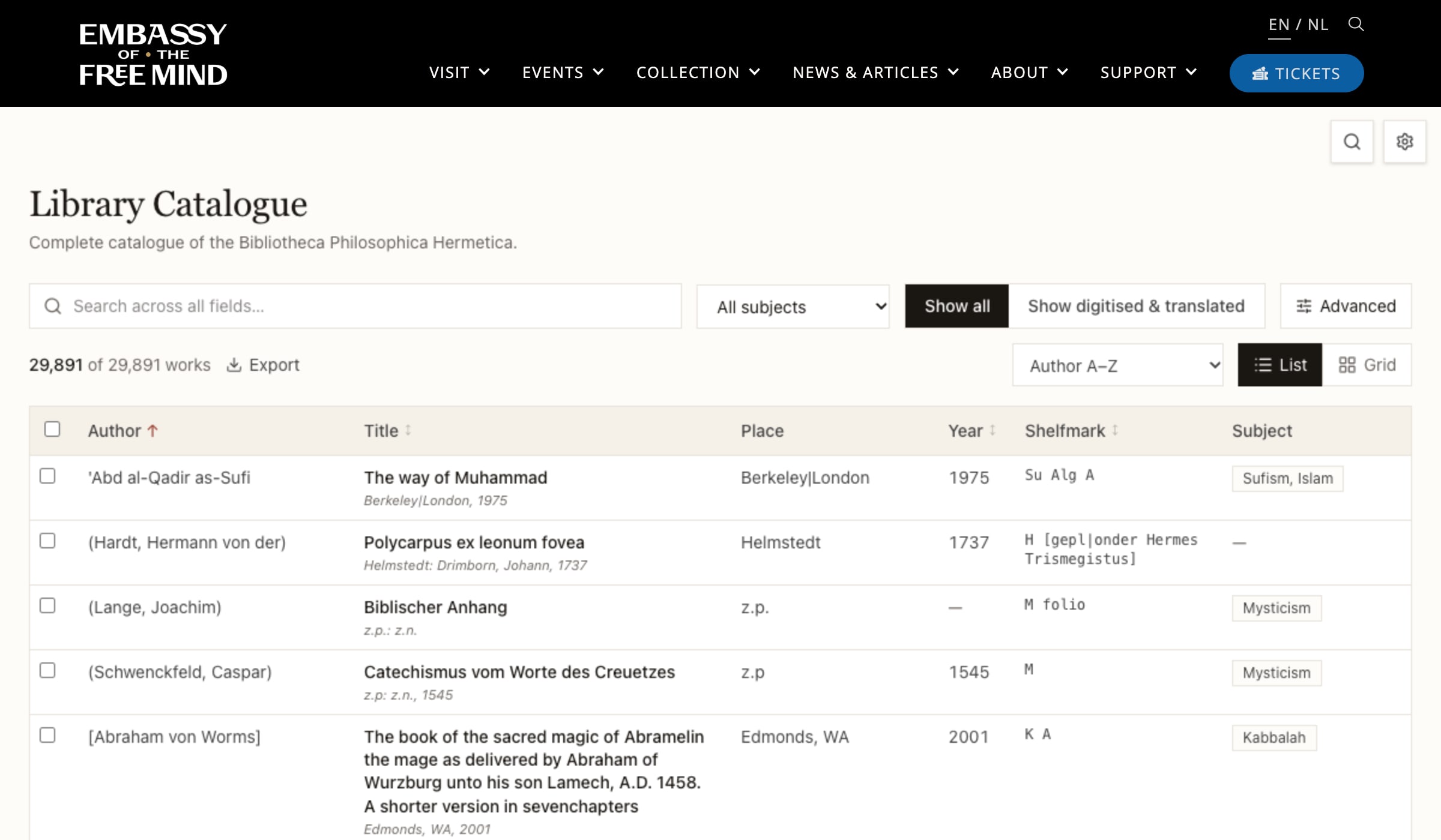 The library catalogue on the Embassy of the Free Mind&rsquo;s own website