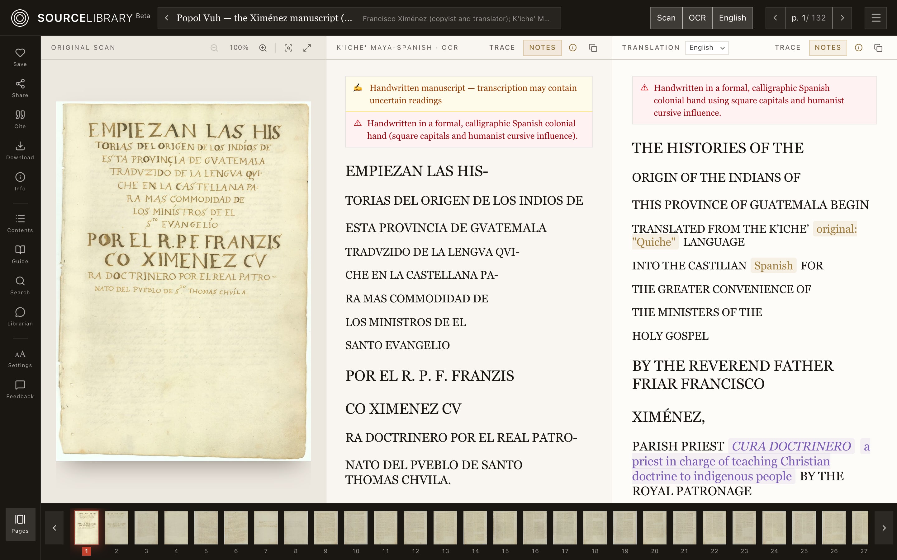 The Source Library reader: the title page of the Popol Vuh manuscript, its K&rsquo;iche&rsquo; and Spanish transcription and the English translation side by side