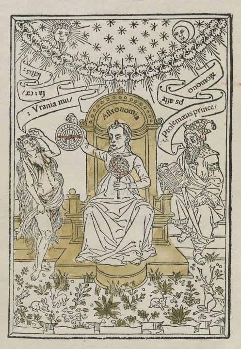 An allegorical woodcut frontispiece showing Astronomia enthroned between Urania and Ptolemy, with celestial bodies above and a natural landscape below.