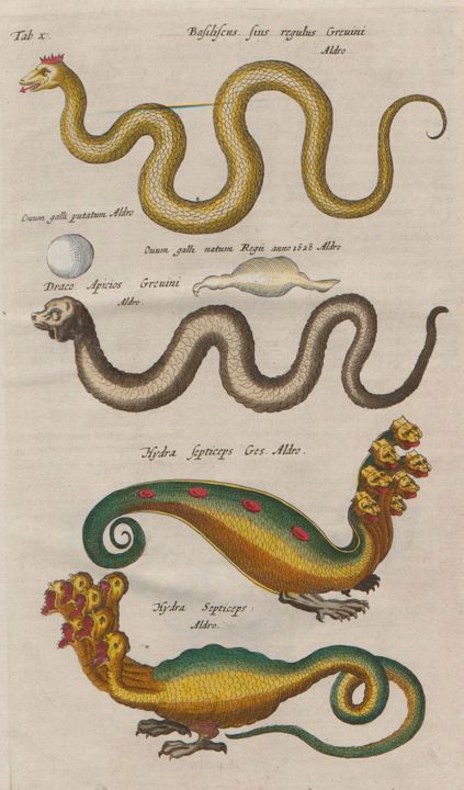 A plate of mythical creatures including basilisks, a dragon, and seven-headed hydras.