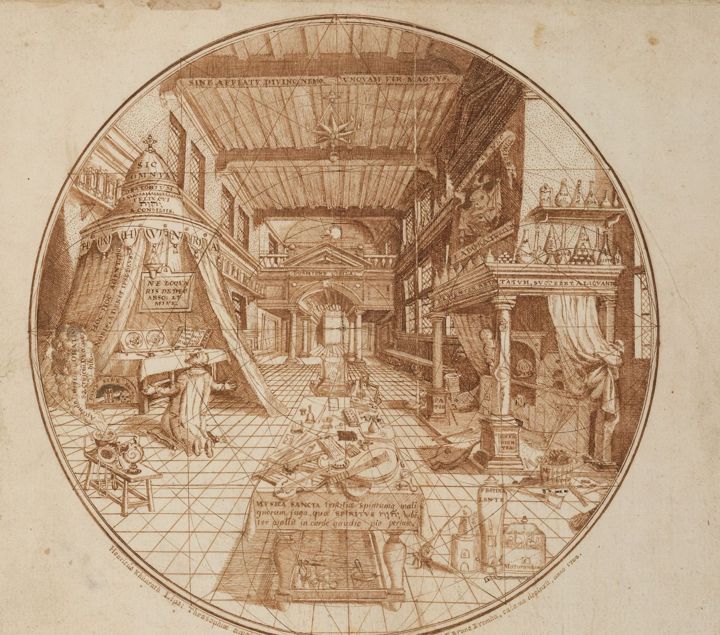 Circular engraving of the Alchemist's Laboratory and Oratory