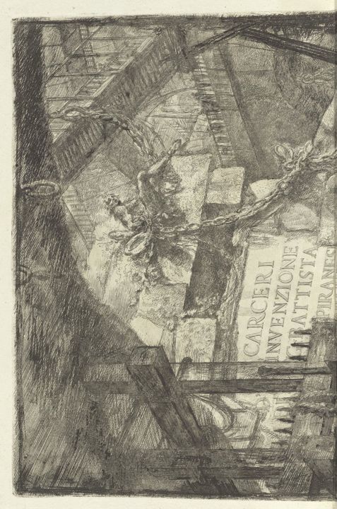 Frontispiece of Piranesi's 'Carceri d'Invenzione' showing a monumental prison interior with massive stone blocks and chains.