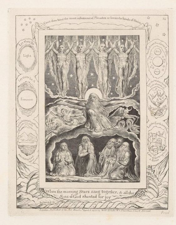 Plate 14 from William Blake's 'Illustrations of the Book of Job', titled 'When the morning Stars sang together'. The central engraving depicts God surrounded by angels above Job and his companions in a cave, while the border contains vignettes of the six days of creation.