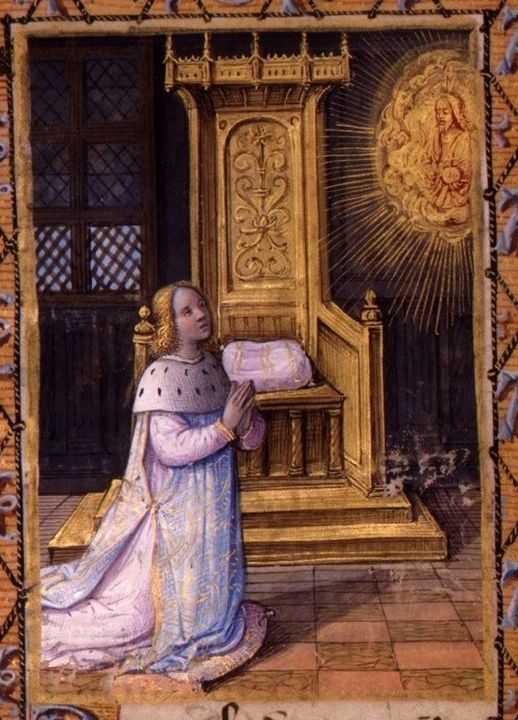 Anne of Brittany kneeling in prayer before an empty throne with a vision of the Virgin and Child.
