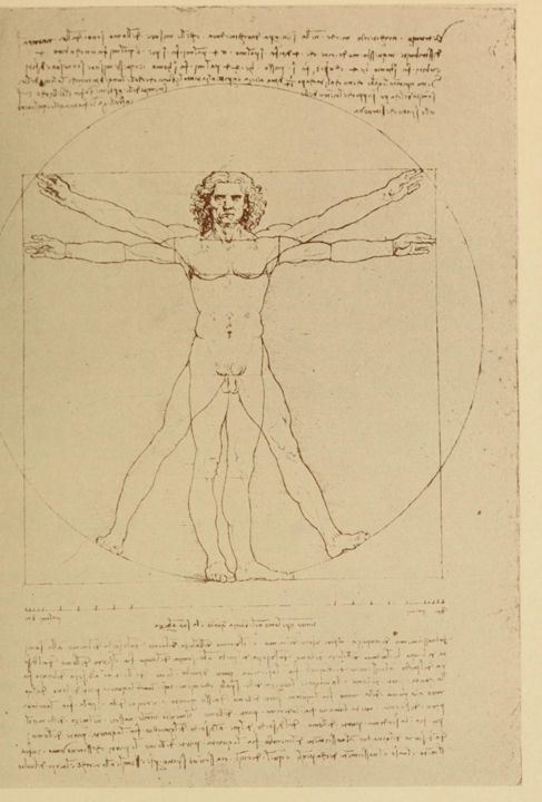 Leonardo da Vinci's Vitruvian Man, showing a male figure in two superimposed positions within a circle and square, accompanied by mirror-writing text.