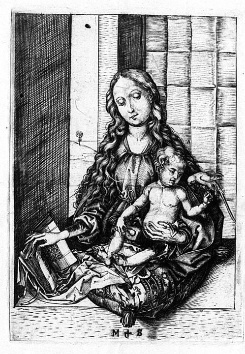 Engraving of the Virgin and Child by Martin Schongauer, showing Mary seated with the infant Jesus on her lap.