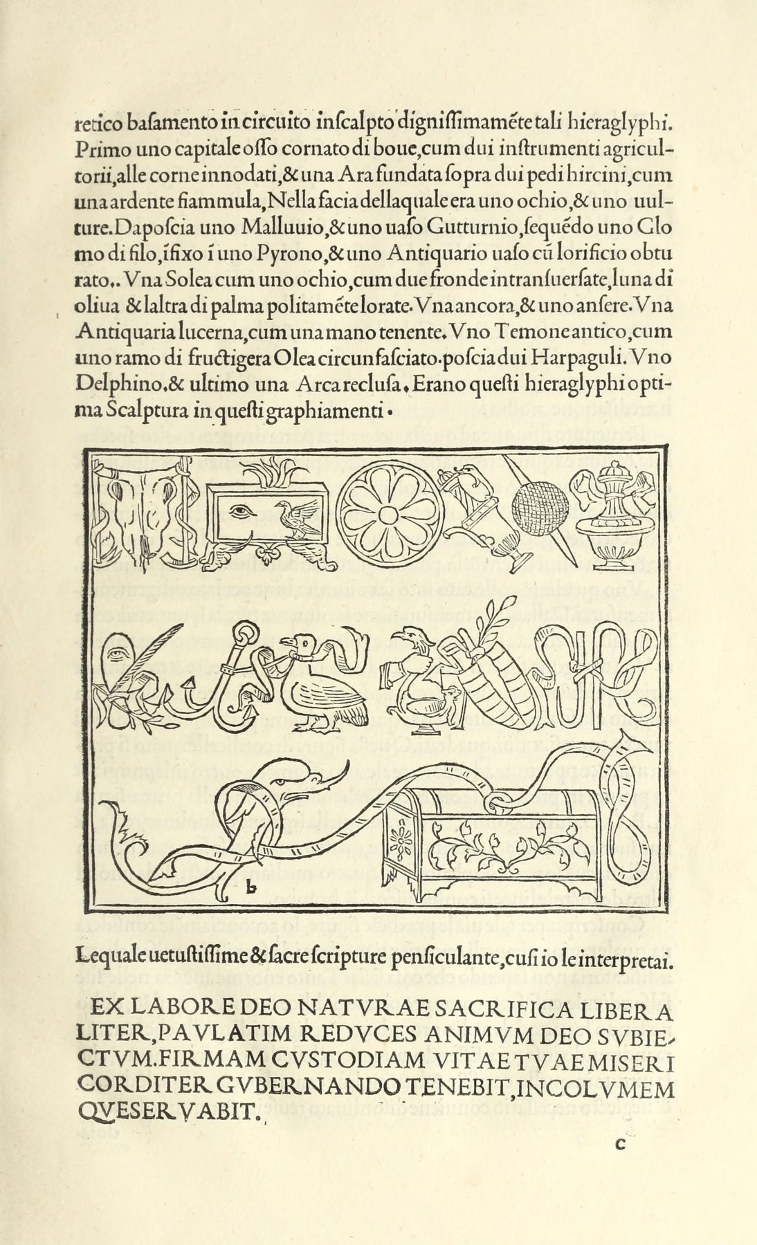 A page of the Hypnerotomachia Poliphili, Venice 1499, with text above and below a woodcut of hieroglyphs